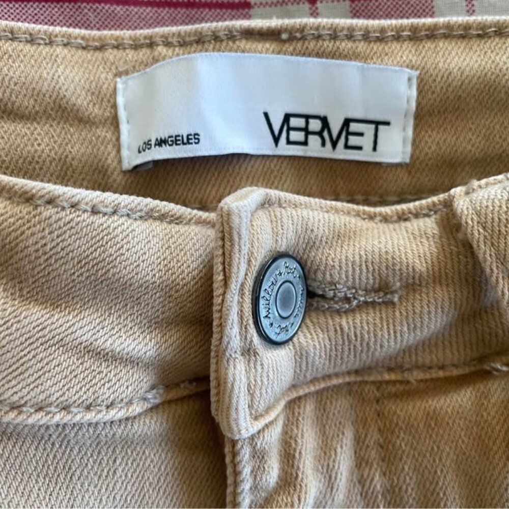 Vervet Women's Sz 26 X 28 Y2K Tan Stretchy Distressed Flare Bell Bottom Jeans - Picture 4 of 6